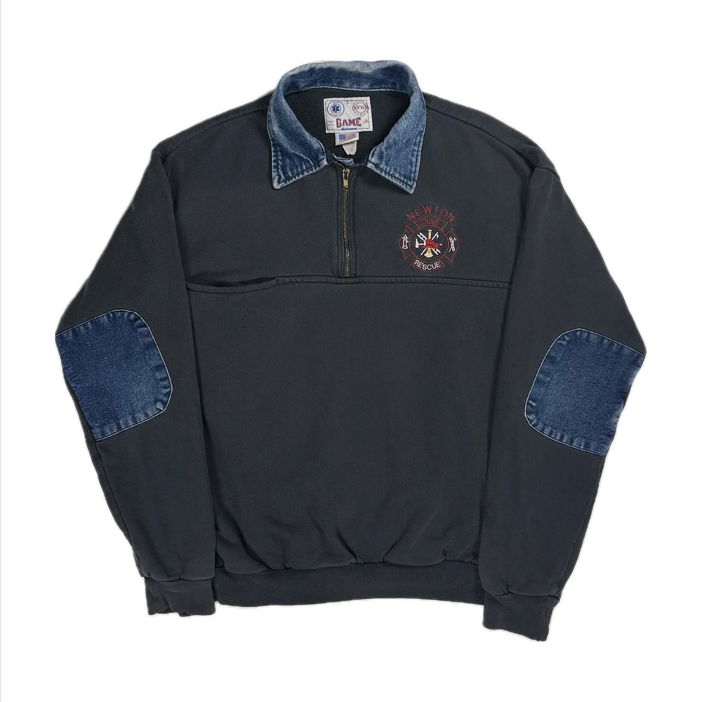 Vtg Game Workwear Newton Fire black denim trim quarter zip sweatshirt mens XL